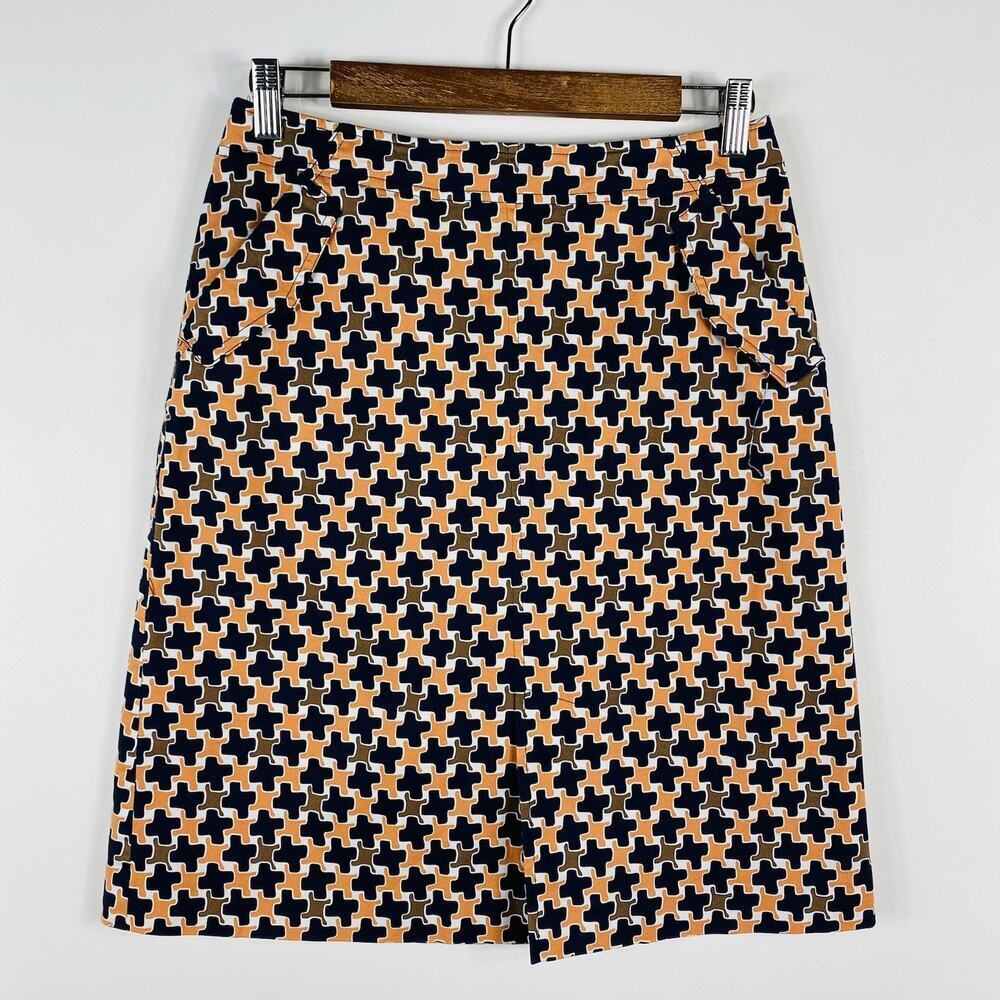 Talbots Skirt 4 Petite Printed A-Line Cotton Pockets Orange Navy Blue